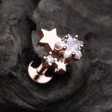 Detail View 1 of Rose Gold Sparkle Stars Top Internally Threaded Steel Labret-Clear Gem